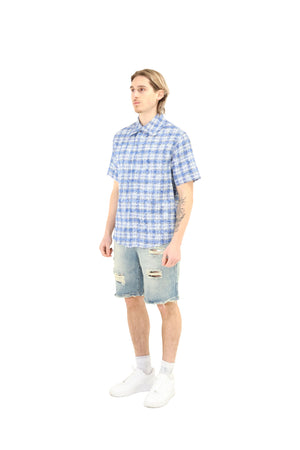 Short Sleeve Cropped Fit Checkered Shirt Blue 3