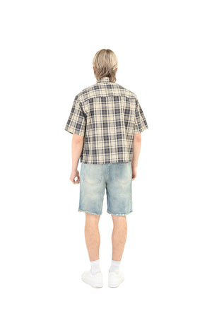 Short Sleeve Cropped Fit Checkered Shirt Navy 7