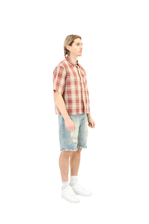 Short Sleeve Cropped Fit Checkered Shirt Red 1